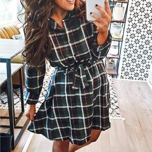 FANCYIN Long Sleeve Buffalo Plaid Button-Up Dress with Belt